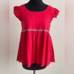 J.Marie Breathable Linen Flutter Sleeves Embroidered Babydoll Red Blouse Size S‎
